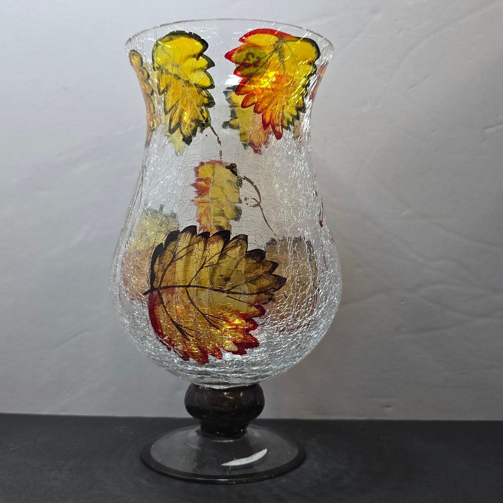 Hand Painted Crackle Glass Autumn Leaves Pedestal Hurricane Vase 11" Fall Decor